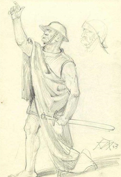 Antiker Krieger mit Schwert.Verso Studie zu zwei Figuren by Otto Dix, 1943