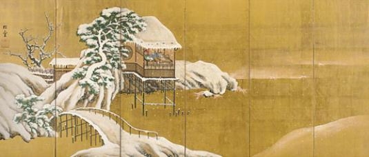 Artwork by Murakami Shigeatsu, Chinese scholar in a pavillion in winter, Made of ink, color, gold and gold leaf on paper