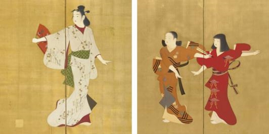 Artwork by Shuho‏ Yamakawa, 2 works: Dancers, Made of ink, color, gold and golf leaf on silk