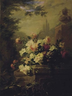 Basket of blossoming flowers on a ledge - Gustave Emile Couder