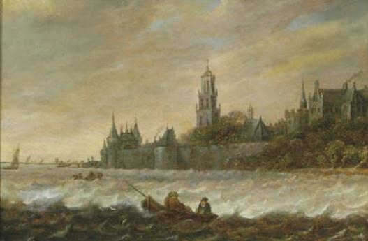 A river landscape with fishermen in a boat, a view of Rhenen beyond by Anthonie Jansz. van der Croos