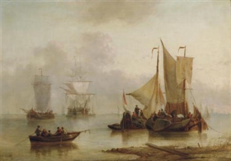 2 works; Sailing off the Dutch coast; and a companion painting - Georg Willem Opdenhoff