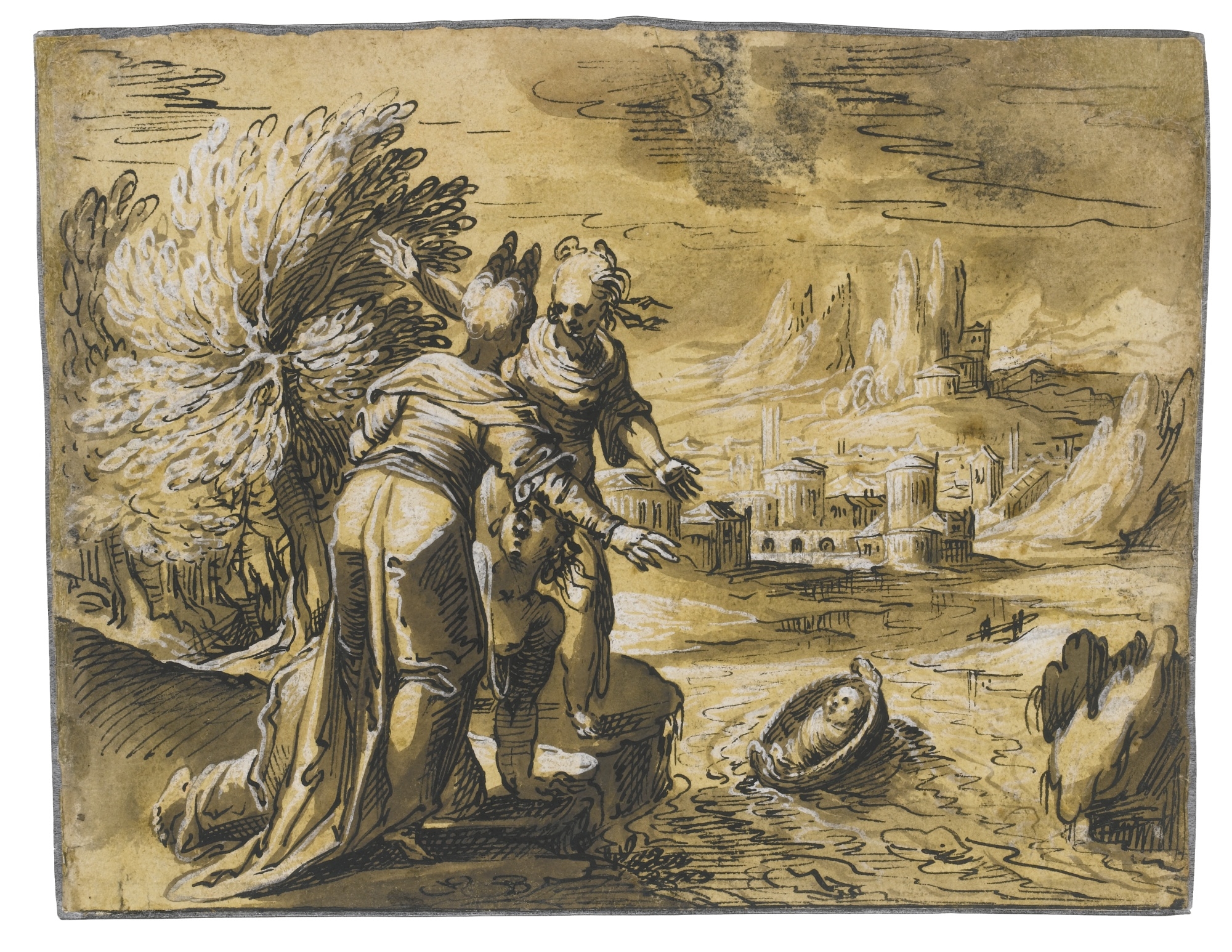 Artwork by Hermann Weyer, RECTO: THE FINDING OF MOSES; VERSO: ST. JOHN ON PATMOS, Made of Pen and black ink and gray wash (recto and verso), heightened with white, on paper washed yellow-ochre (recto only)