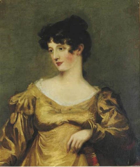 Sir Thomas Lawrence | Portrait of a lady, half-length, seated in a gold  dress, her hand resting on a book | MutualArt