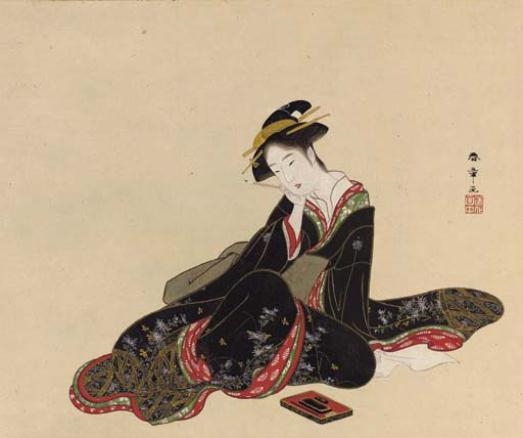 Artwork by Katsukawa Shunshō, Beauty writing a letter, Made of ink, color and gold on paper