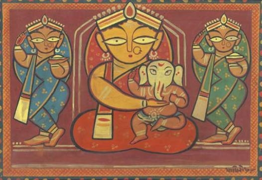 Parvati and Ganesha with Attendants by Jamini Roy