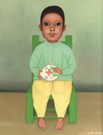 Gustavo Montoya | 2 works; Boy with piggy bank; Girl with pink parasol ...