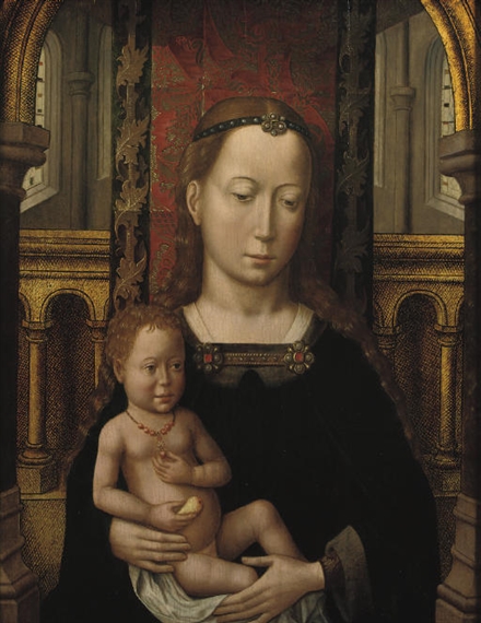 The Virgin and Child seated in a church interior by Master of San Ildefonso