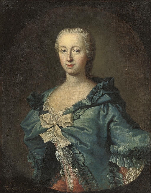 Artwork by Louis de Fontaine, Portrait of Adrienne Lecouvreur, half-length, in a pink dress with lace and a blue mantle, feigned oval, Made of oil on canvas