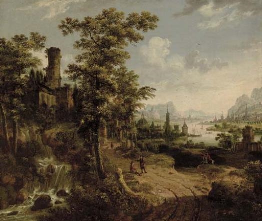 Travellers on a path in a fantastical river landscape by Dutch School, 17th Century, 17th Century