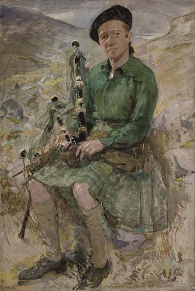 Portrait of Charles Higgins, the artist's husband, seated full-length, in Highland dress by Kate Elizabeth Olver, 1939