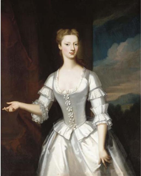 Portrait of a Lady, said to be Miss Sophia Edgecomb, three-quarter-length, in a grey satin dress by Enoch Seeman