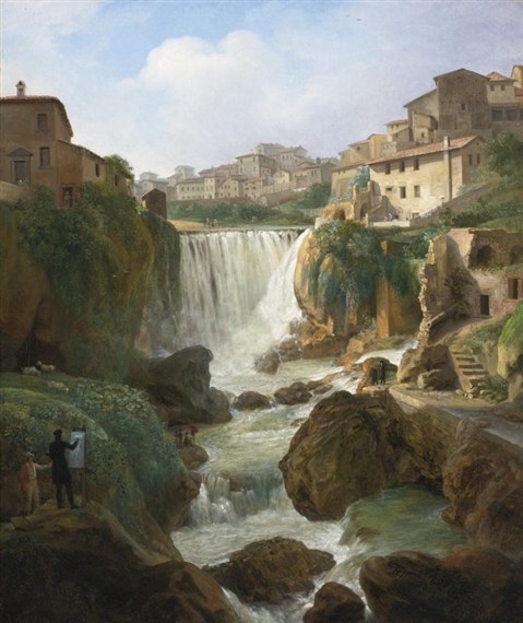 A VIEW OF THE CASCADES AT TIVOLI WITH AN ARTIST SKETCHING AND OTHER FIGURES by Simon-Joseph-Alexandre-Clément Denis