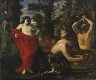 BACCHUS OVERSEEING THE CRUSHING OF GRAPES BY HIS SATYRS - Pier Francesco Mola