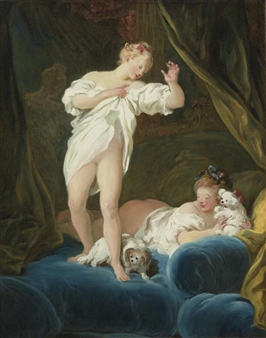 TWO GIRLS ON A BED PLAYING WITH THEIR DOGS - Jean-Honoré Fragonard