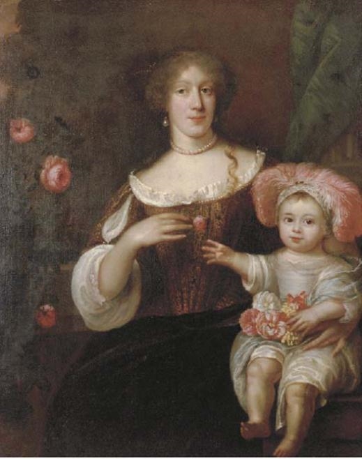 Artwork by Jan de Baen, A Portrait of Mother and child, the lady three-quarter-length in a brown dress, supporting her child, who is seated on a ledge, holding flowers, and wearing a plumed cap, Made of oil on canvas
