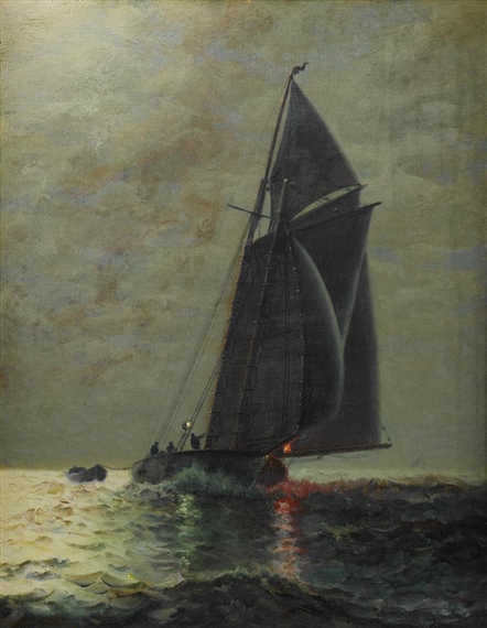 A topsail schooner approaching at night by James Gale Tyler