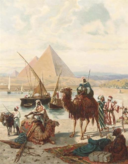 Nomads resting by the river with Pyramids beyond by Otto von Ruppert
