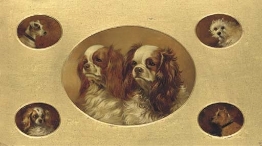 A Jack Russell, a West Highland Terrier, a Spaniel, a Terrier, and two King Charles Spaniels by Alfred Wheeler