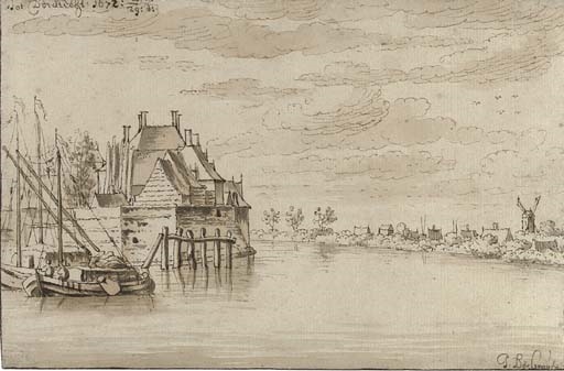 Artwork by Josua de Grave, View of the River Maas at Dordrecht, Made of pen and brown ink, brown and grey wash, pen and brown ink framing lines