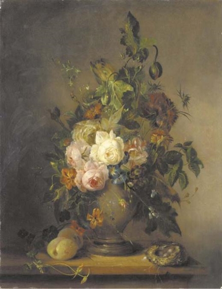 Roses, Tulips and other Flowers in a Vase with Plums and a Bird's Nest on a Wooden Ledge by François Joseph Huygens, 1846