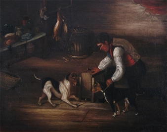 The artist with his two Terriers in a kitchen - C. L. Buchan