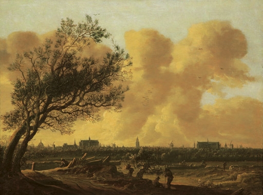 A panaromic view of Leiden with figures under a tree in the foreground by Anthonie Jansz. van der Croos, 1650