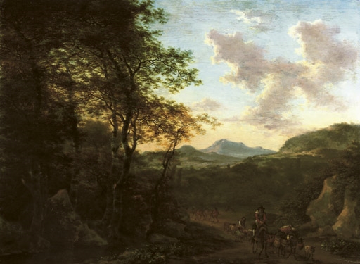 An Italianate wooded landscape with a peasant on his mule driving sheep on a track, a river and mountains beyond by Willem de Heusch