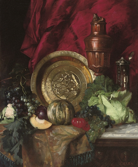 A salver, a copper ewer, a silver vessel, a cabbage, grapes, tomatoes, melons on a draped table. by Leopold Bara