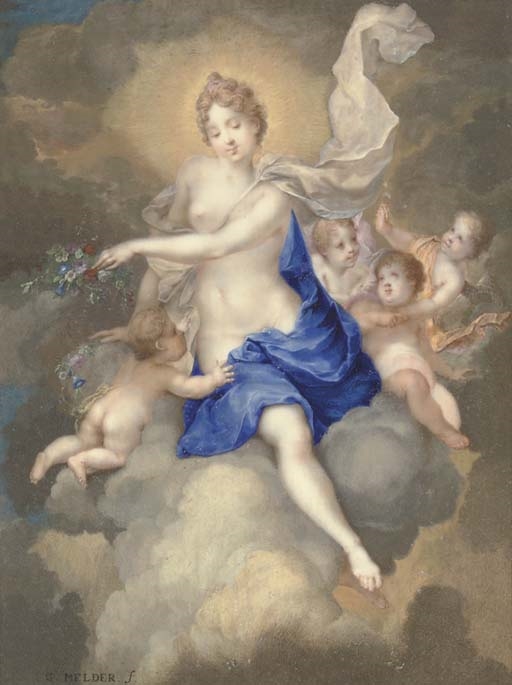 Artwork by Gerard Melder, Flora seated on a cloud with putti, Made of bodycolour on ivory