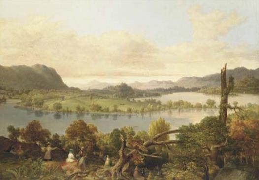 An extensive river landscape with figures picnicing in the foreground by American School, 18th Century, 1840