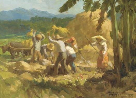 Figures harvesting by Fernando Amorsolo, 1960