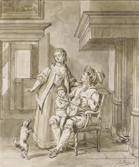 Un musicien avec son violon et un petit garçon sur ses genoux, une femme derrière lui regardant un chien by Jacobus Buys