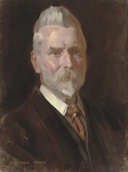 Portrait of D.W.R. Carrick-Buchanan of Drumpellier, Glasgow, bust-length, in a white shirt with a brown coat and tie by Malcolm Gavin