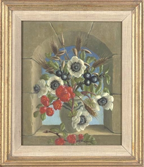 Summer flowers in a vase, on a ledge - Peter Stebbing