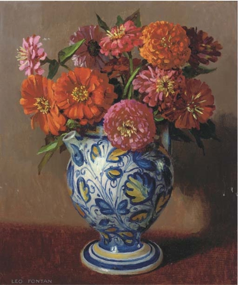 Dahlias in a porcelain vase by Leo Fontan