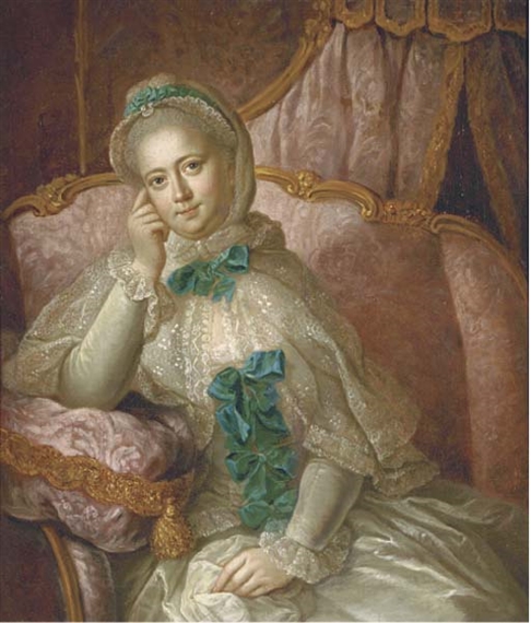 Portrait of a lady, three-quarter-length, in a white satin dress with blue ribbons, a lace cape, a white and blue headdress, seated on a pink sofa in front of a pink curtain by François-Hubert Drouais