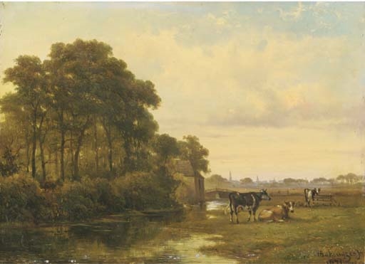 Cattle by a river, a town beyond by Alexander Hieronymus Bakhuyzen, 1874