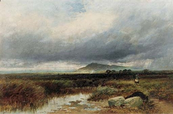A moody landscape painting of a vast marshland under a heavy, brooding sky.
