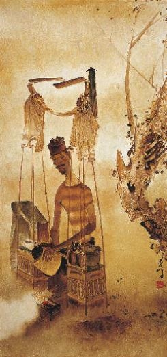 Satay man with closed umbrella by Lee Man Fong