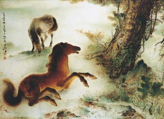Twin horses by the tree