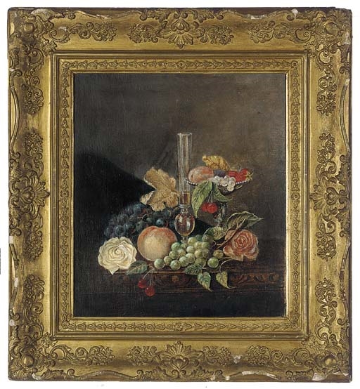 Grapes, roses, peaches, cherries, strawberries and a glass vase, on a table by Martha Darlay Mutrie, 1883