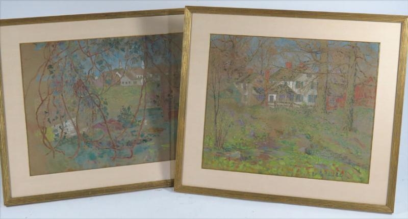 Artwork by Mary Nicholena MacCord, Two works: September at Willow Farm; Landscape with church in distance, Made of gouache