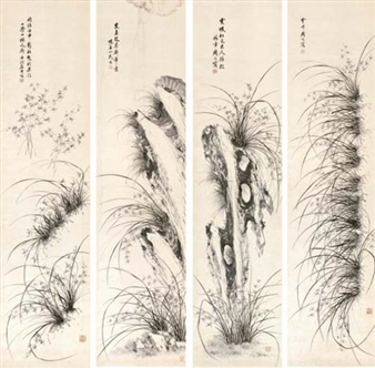 2 works; Orchids and Rocks - Zhou Jun