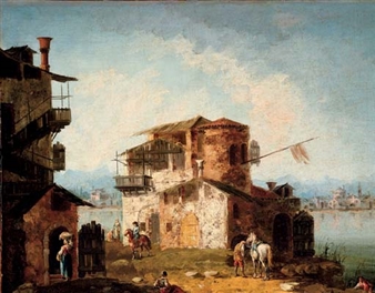 A capriccio with rustic houses and figures on horseback - Francesco Simonini