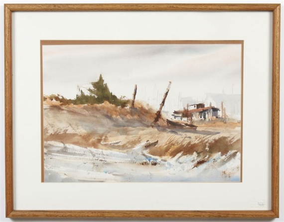 A watercolor seascape depicting a stormy beach with driftwood and distant houses.
