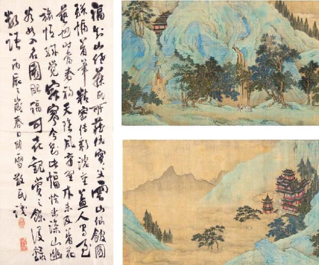 Artwork by Qiu Ying, ENCHANTED DWELLING IN THE HILLS, Made of hanging scrolls, ink and colour on silk