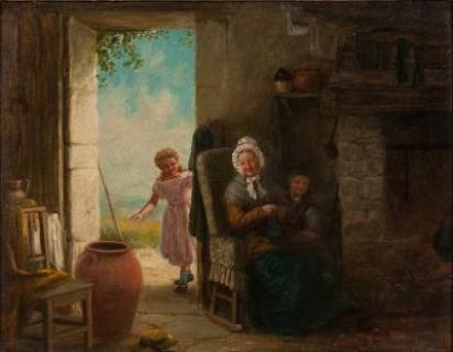 Cottage Interior with Grandmother and Children by Charles Frederick Lowcock
