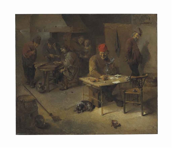 Peasants drinking and playing tric-trac in an interior by Abraham Diepraam