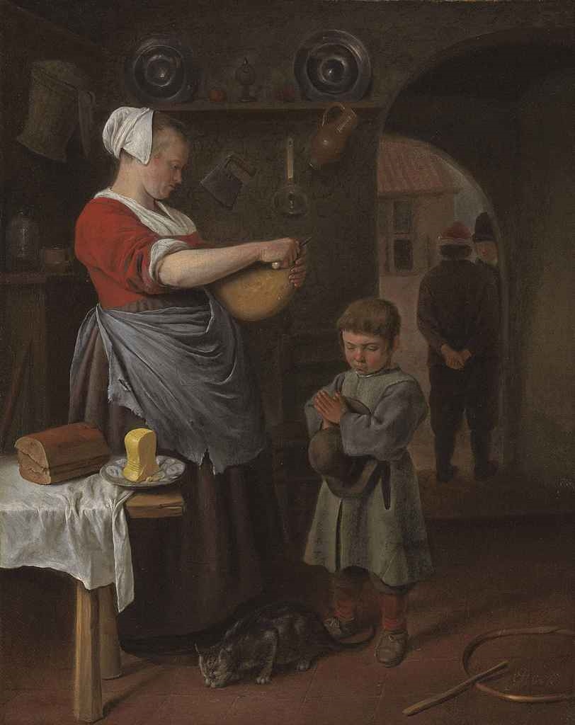 Jan Steen | A kitchen interior with a little boy saying grace | MutualArt